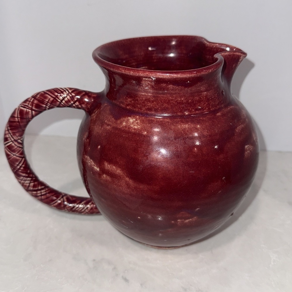 Red Ceramic Pitcher With Thatched Handed - Picture 5 of 12